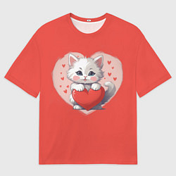 Мужская футболка оверсайз Мультяшный котенок держит красное сердечко