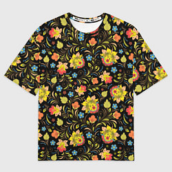 Мужская футболка оверсайз Хохломская роспись разноцветные цветы