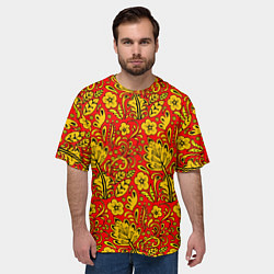 Футболка оверсайз мужская Хохломская роспись золотистые цветы на красном фон, цвет: 3D-принт — фото 2