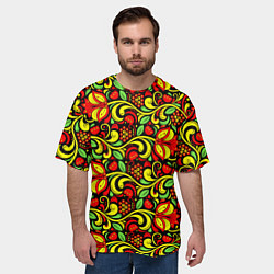 Футболка оверсайз мужская Хохломская роспись красные цветы и ягоды, цвет: 3D-принт — фото 2
