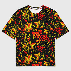 Мужская футболка оверсайз Хохломская роспись золотистые листья чёрном фоне