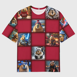 Мужская футболка оверсайз Клетчатый узор из капибар в шапочке, доспехах