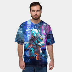 Футболка оверсайз мужская Белый медведь в мегаполисе - киберпанк, цвет: 3D-принт — фото 2