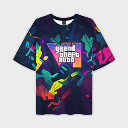Футболка оверсайз мужская GTA 6 logo яркий неоновый камуфляжный стиль, цвет: 3D-принт