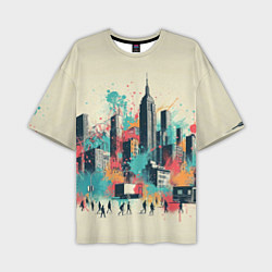 Мужская футболка оверсайз Силуэты людей и небоскребов в брызгах краски
