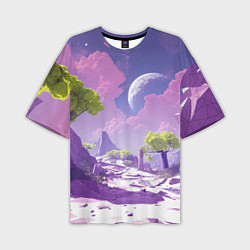Мужская футболка оверсайз Фиолетовые горы зеленые деревья и космос