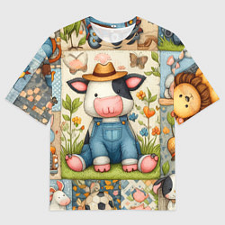 Футболка оверсайз мужская Прикольный телёнок и его друзья - пэчворк, цвет: 3D-принт