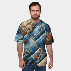 Футболка оверсайз мужская Джинсовый пэчворк с пуговицами - мода, цвет: 3D-принт — фото 2