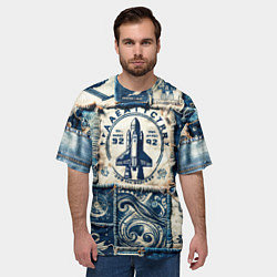 Футболка оверсайз мужская Ракета на дениме- пэчворк, цвет: 3D-принт — фото 2
