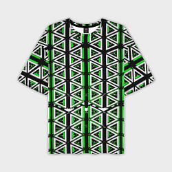 Мужская футболка оверсайз Бело-зелёные треугольники на чёрном фоне