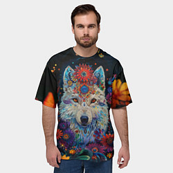 Футболка оверсайз мужская Белый волк с цветами акварелью, цвет: 3D-принт — фото 2