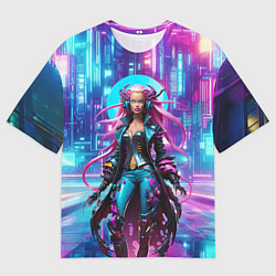 Футболка оверсайз мужская Кибер ведьма в неоновом городе - нейросеть, цвет: 3D-принт