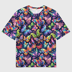 Мужская футболка оверсайз Бабочки в паттерне разноцветный яркий фон