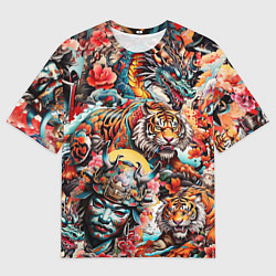 Футболка оверсайз мужская Японская татуировка дракона тигра и самурая, цвет: 3D-принт