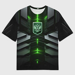 Футболка оверсайз мужская Герб России и яркий зеленый неон, цвет: 3D-принт