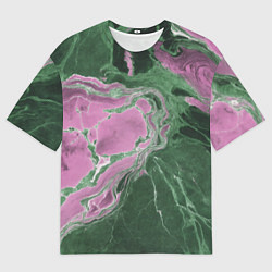 Мужская футболка оверсайз Мрамор темно-зеленый с розовым
