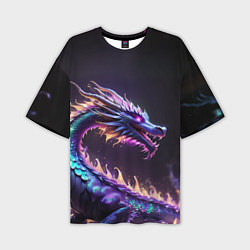Мужская футболка оверсайз Неоновый сиреневый дракон на черном фоне