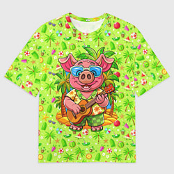 Футболка оверсайз мужская Свинка с гитарой жаркое лето, цвет: 3D-принт