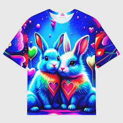 Футболка оверсайз мужская Неоновые зайчики - любовь сердечки, цвет: 3D-принт