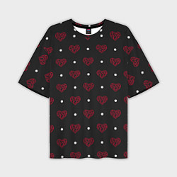 Футболка оверсайз мужская Красные сердечки и белые точки на черном, цвет: 3D-принт