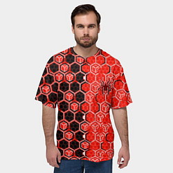 Футболка оверсайз мужская Техно-киберпанк шестиугольники красный и чёрный с, цвет: 3D-принт — фото 2