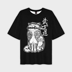 Мужская футболка оверсайз Кот самурай - вакидзаси в зубах