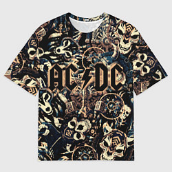 Мужская футболка оверсайз AC DC на фоне викингов рун воронов и черепов