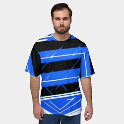 Футболка оверсайз мужская Чёрно-белые полосы на синем фоне, цвет: 3D-принт — фото 2