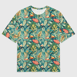 Футболка оверсайз мужская Тропический фламинго в цветах, цвет: 3D-принт