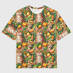 Футболка оверсайз мужская Бенгальский котик в тропических листьях, цвет: 3D-принт