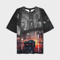 Мужская футболка оверсайз Спорткар на ночной улице