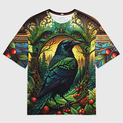 Мужская футболка оверсайз Скандинавский ворон лесной узор