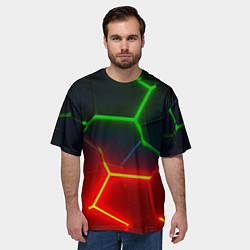 Футболка оверсайз мужская Зеленые и красные неоновые плиты в разломе, цвет: 3D-принт — фото 2