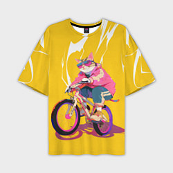 Мужская футболка оверсайз Кот на велосипеде жёлтый фон