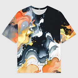 Футболка оверсайз мужская Белые и персиковые разводы на черном фоне, цвет: 3D-принт