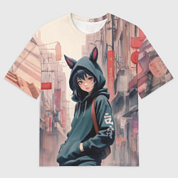 Футболка оверсайз мужская Девушка в худи с ушками, цвет: 3D-принт