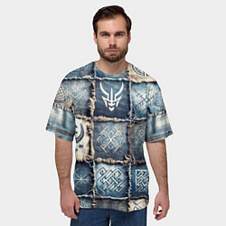 Футболка оверсайз мужская Руны викингов на пэчворк джинсах, цвет: 3D-принт — фото 2