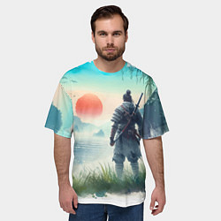 Футболка оверсайз мужская Японский самурай на берегу горного озера, цвет: 3D-принт — фото 2