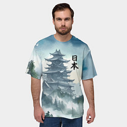 Футболка оверсайз мужская Японская пагода в тумане - нейросеть, цвет: 3D-принт — фото 2