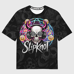 Футболка оверсайз мужская Slipknot на фоне черепа демона с рогами в очках, цвет: 3D-принт