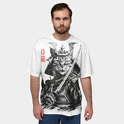 Футболка оверсайз мужская Кот рыцарь самурай, цвет: 3D-принт — фото 2