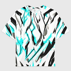 Мужская футболка оверсайз Чёрно-голубые агрессивные полосы на белом фоне