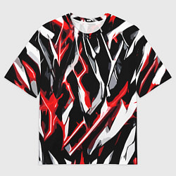 Мужская футболка оверсайз Красно-белые агрессивные полосы на чёрном фоне