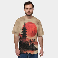 Футболка оверсайз мужская Башня на фоне алого заката - Япония, цвет: 3D-принт — фото 2