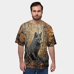 Футболка оверсайз мужская Серый лис в осенней чаще, цвет: 3D-принт — фото 2