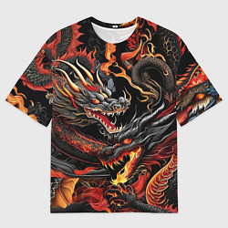 Футболка оверсайз мужская Огненные драконы в стиле тату ирезуми на черном, цвет: 3D-принт
