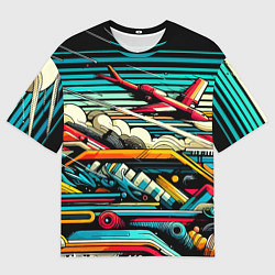 Футболка оверсайз мужская Абстракция с красным самолётом - нейроарт, цвет: 3D-принт