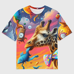 Футболка оверсайз мужская Жираф в бабочке держит во рту рыбу - сюрреализм, цвет: 3D-принт