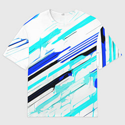Мужская футболка оверсайз Чёрно-сине-голубые полосы на белом фоне