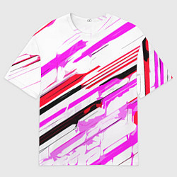 Мужская футболка оверсайз Красно-розово-чёрные полосы на белом фоне